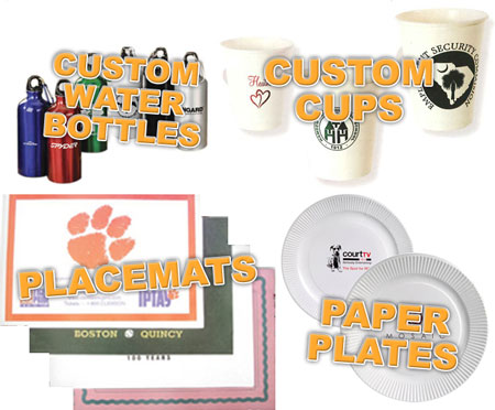 Custom Water Bottles, Custom Printed Cups, Personalized Paper Placemats, Paper Plates